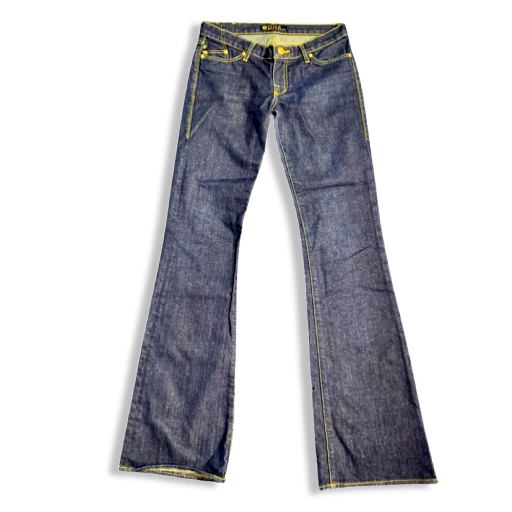 Woman's Vintage Y2K Rock & Republic Jeans,Dark Blue w/Gold Low Rise,Flare Jeans - Picture 2 of 7